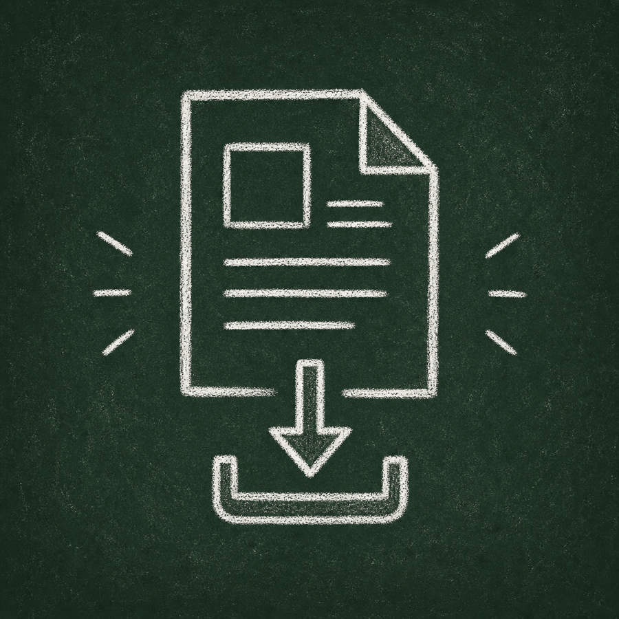 Chalk drawing of a document file with a download arrow.
